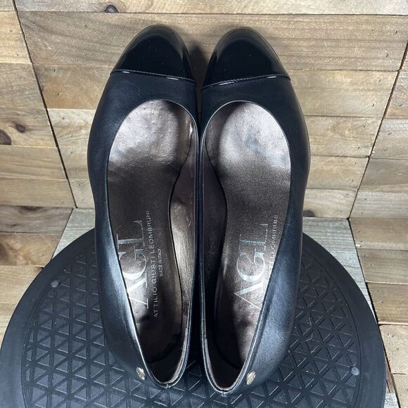 AGL Womens 38 EU/8 US Cap Toe Pumps Heels Nude Black Leather Patent Round Toe - Picture 5 of 10